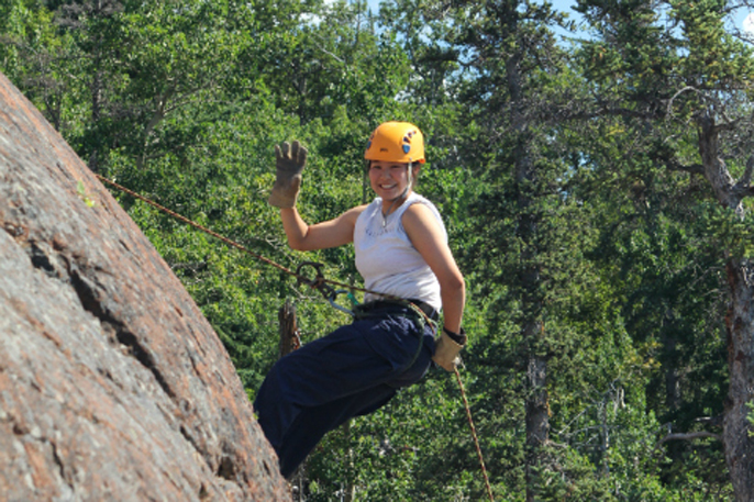 Cadet Williams of 1st Platoon, summer cycle rappels from Boy Scout Hill at McHugh’s Creek as part of the Outdoors Recreation Program at the Alaska Military Youth Academy.